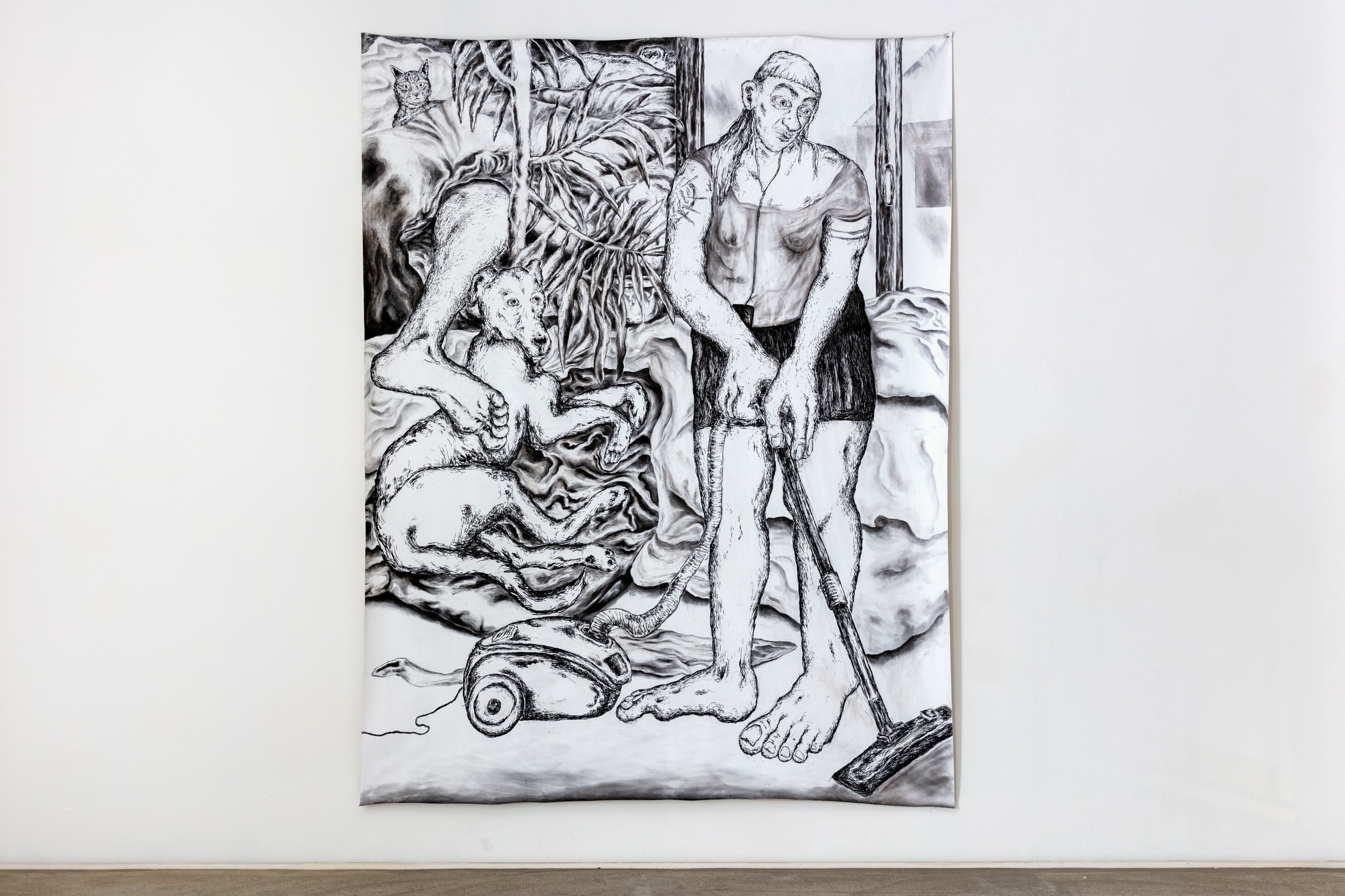 “What a Mess”, 2022, charcoal on paper, 210 × 164 cm, Exhibition view, Kunstraum Riehen, Basel