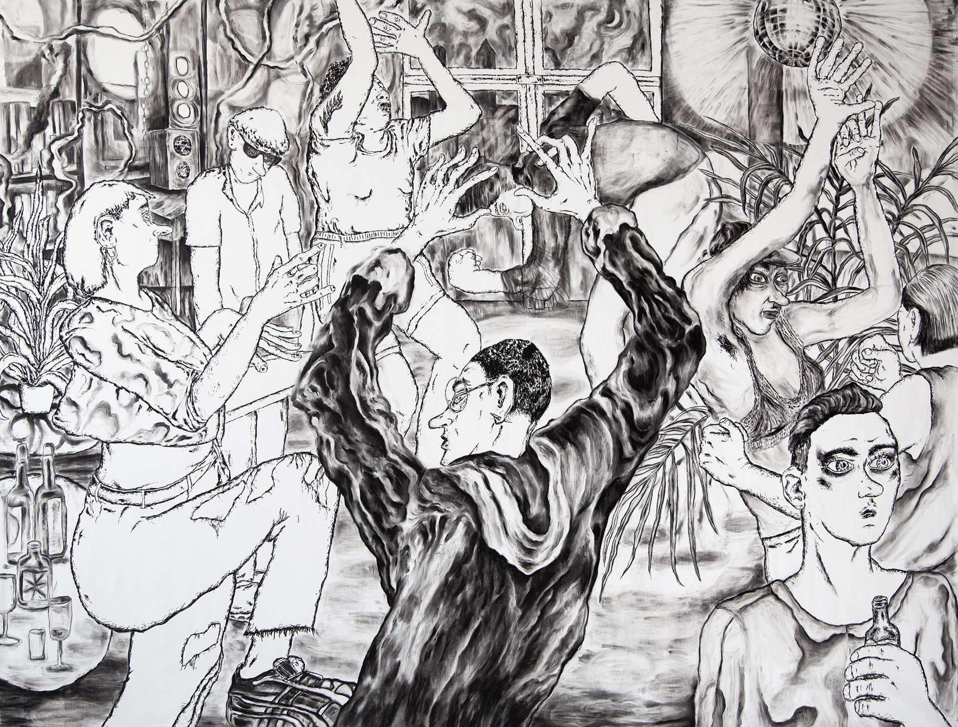 “Alors On Danse”, 2024, charcoal on canvas, 154 × 200 cm