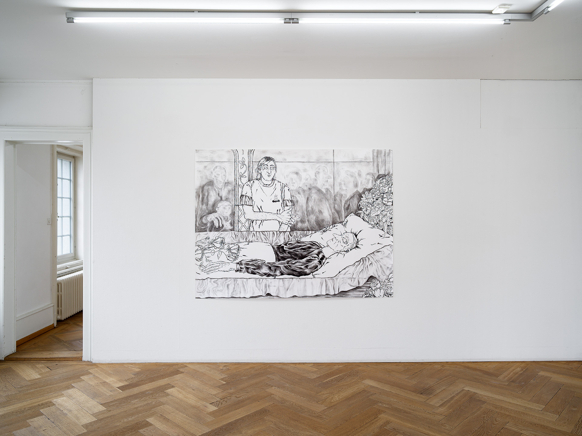 Trying to Make It Right“, 2024, charcoal on paper, 150 × 200 cm